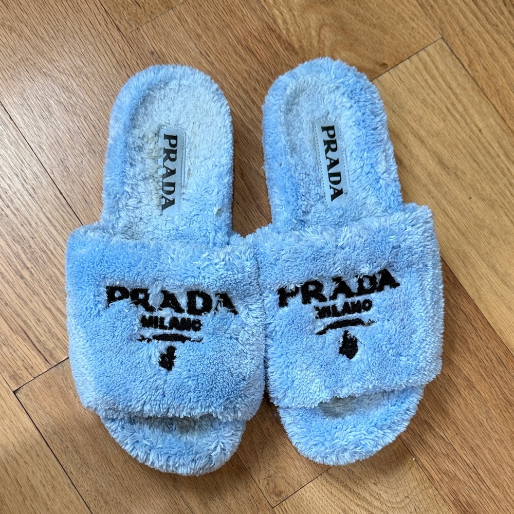 Prada Baby Blue Fuzzy Logo Slide Sandals